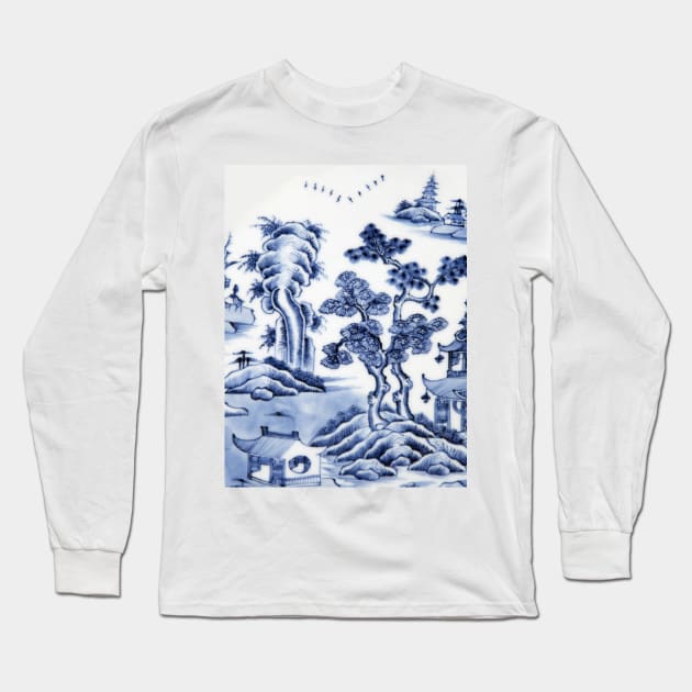 Antique willow ware oriental toile Long Sleeve T-Shirt by Closeddoor